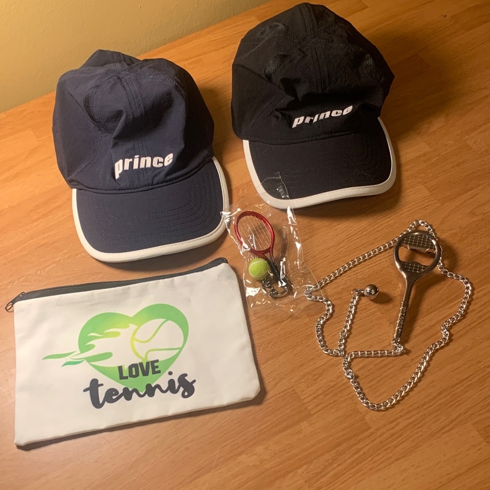 2 Prince Tennis Hats, Net Check, Small Bag & Key Chain